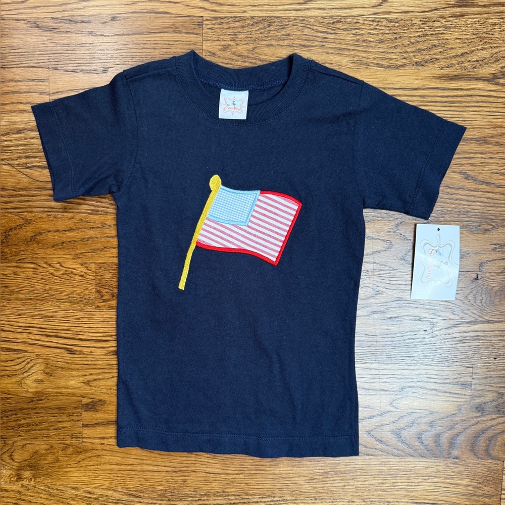 NWT The Smockling Boys Navy Embroidered Patriotic Flag Appliqué T-Shirt Size 5